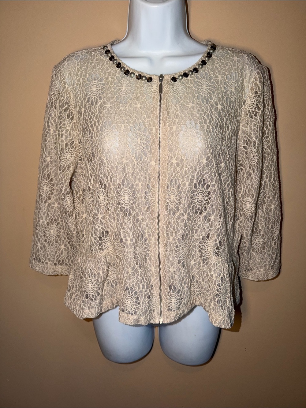 Ruby Rd. Women’s Cream Lace Zip-Front Cardigan Jacket